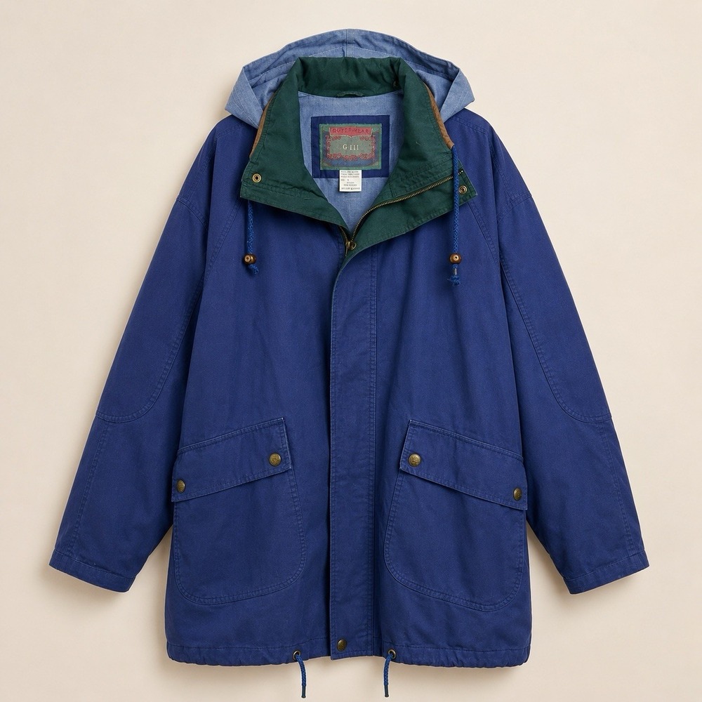 Vtg 90s Barn Coat Men L Blue Cotton Leather Accents Trim Gorpcore Grunge Retro